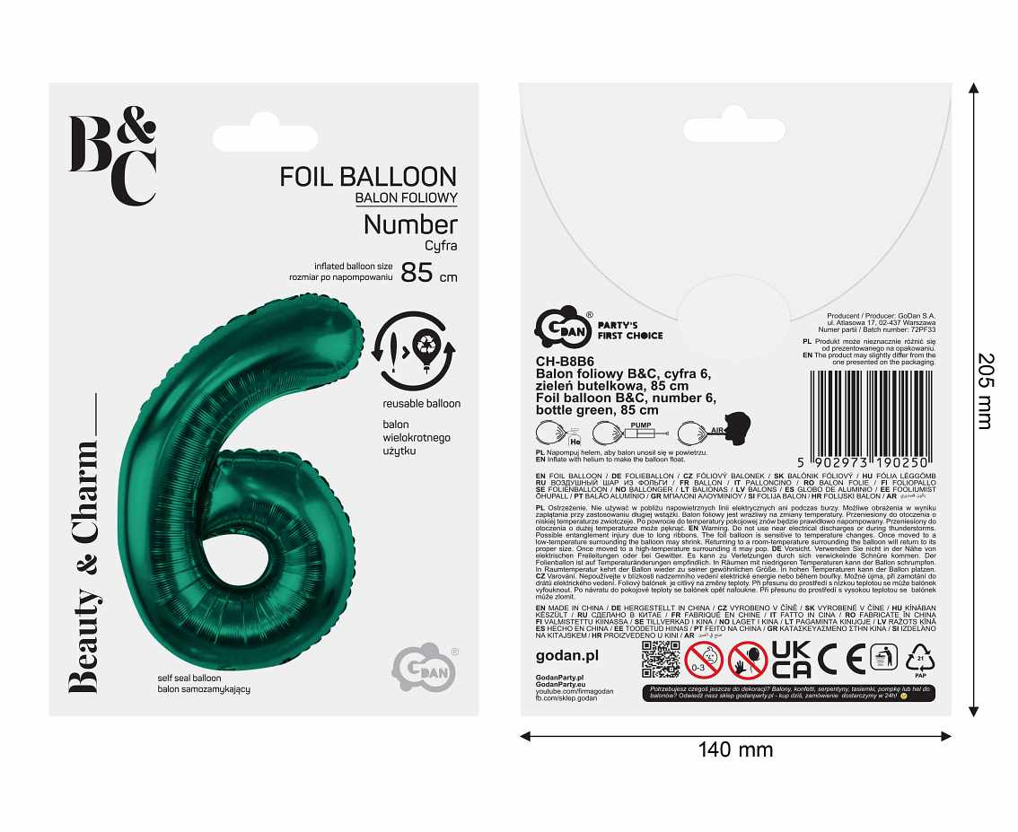 Foil balloon B&C, number 6, bottle green, 85 cm